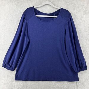 Crown & Ivy Top Womens XL Blue Navy Crew Neck Long Sleeves Smoked Elastic Cuff